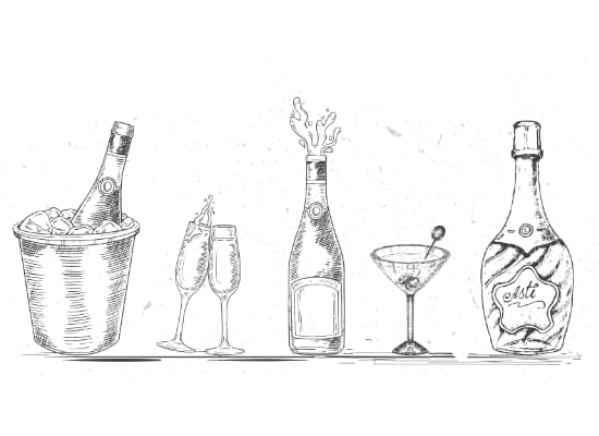 Illustration of wine and cocktail drinks with bottles and glasses"