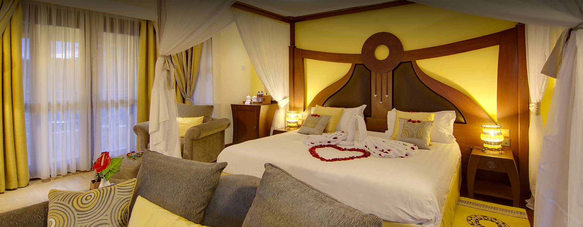 Romantic bedroom setup with decorated bed