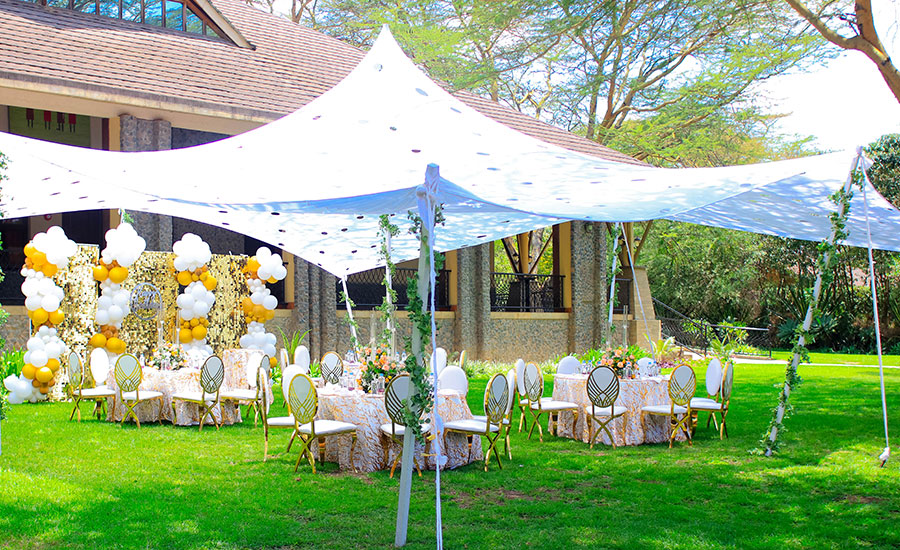 Outdoor event tent with decorated tables