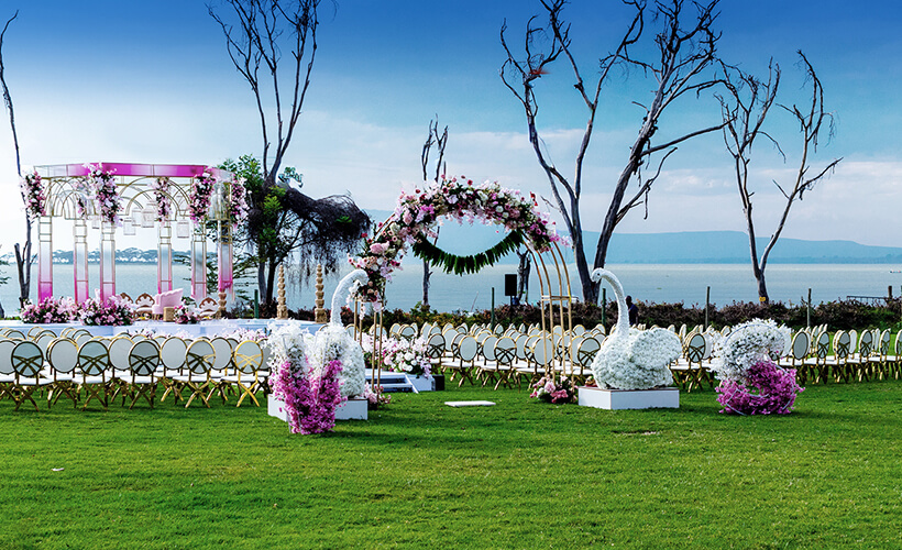 Lakeside wedding ceremony setup